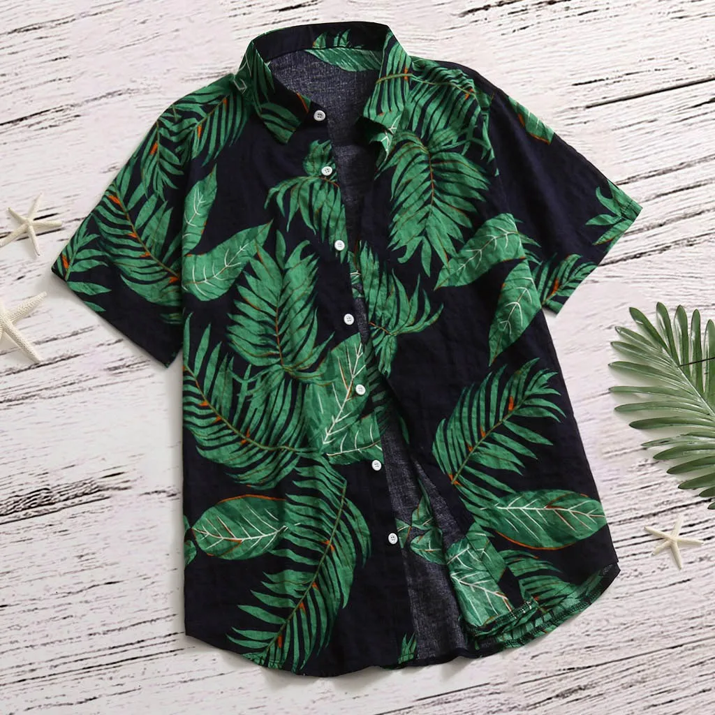 Camisa hawaiana con estampado de hojas para hombre, ropa de calle con cuello levantado, camisetas informales de moda para playa, Tops de manga corta 2021