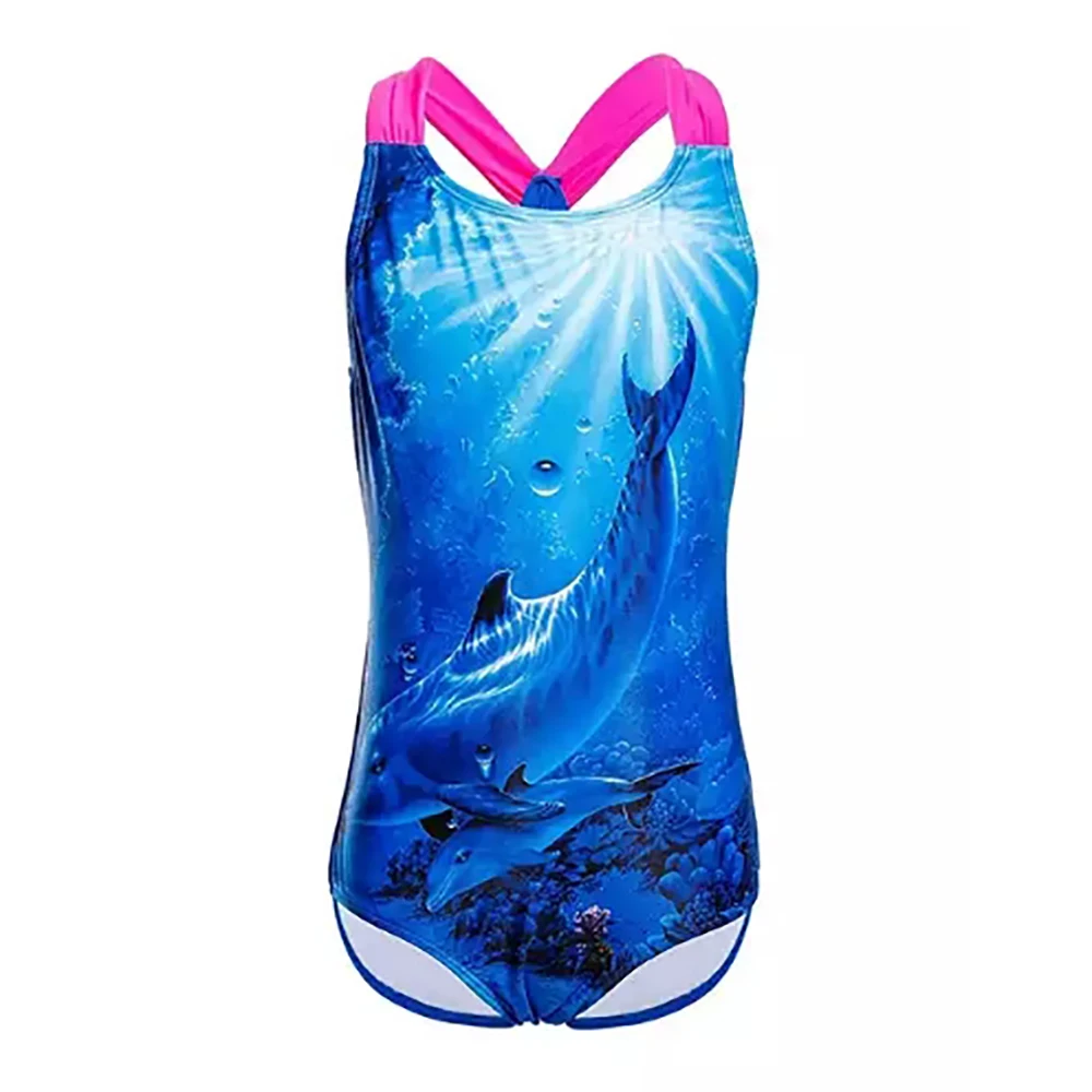 iDrawl Kids Girls One Piece Swimsuit Dolphins Pattern Crisscross Swimming Costume Bathing Suit for Age 3 to 13 