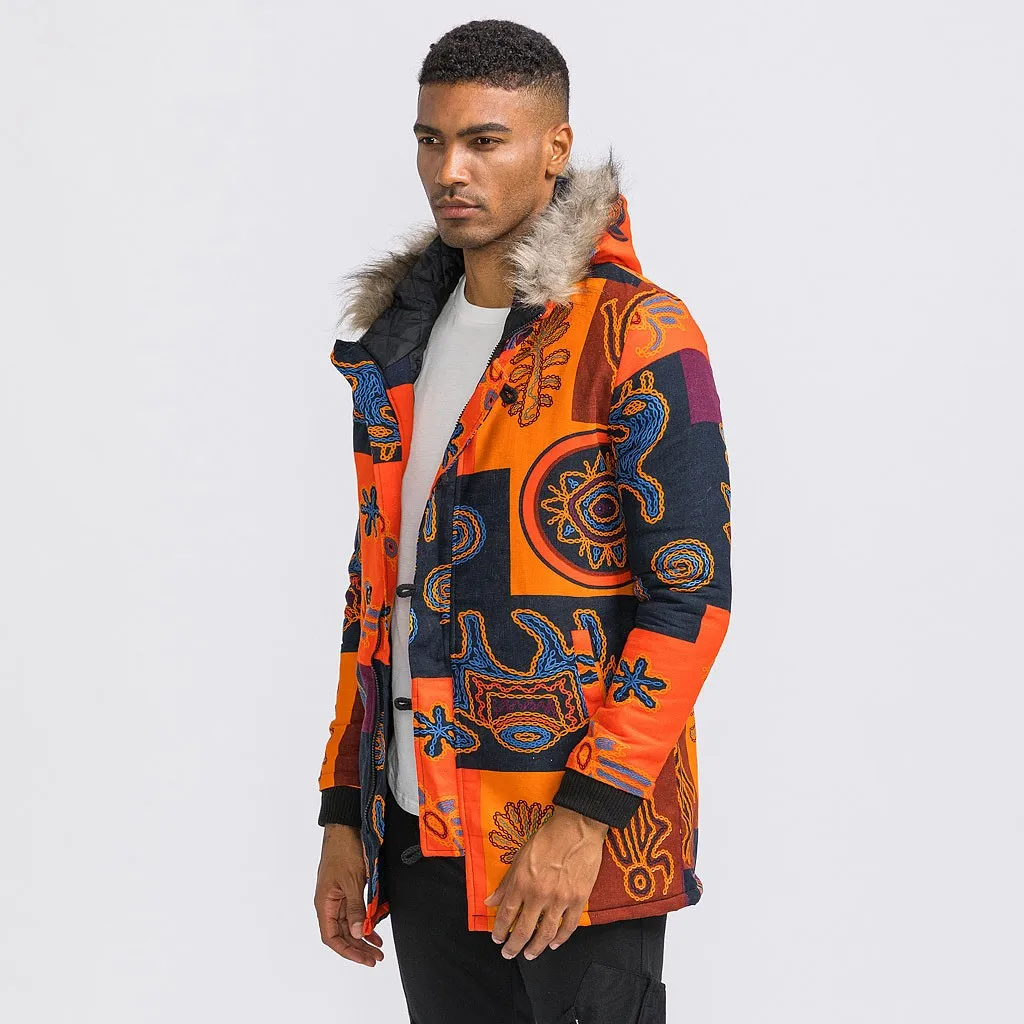 

Man Winter Warm Outwear Floral Print Hooded Pockets Vintage Oversize Coats Jacket erkek mont abrigo hombre plus size M-3XL
