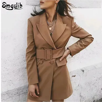 

2019 Spring-Autumn Khaki Women Elegant Long Blazers Ladies Chic Notched Collar Suits Jackets with Belt Chic Girls Blazer Tops