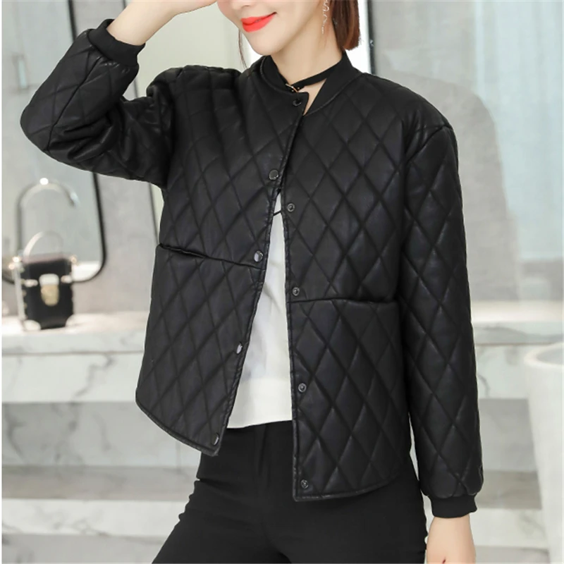 

Women Pockets PU Jacket Casual Ladies Single Breasted Mandarin Collar Coat Fashion Long Sleeves Spring Warm Chic PU Jacket