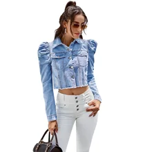 

Women Blue Cropped Denim Jackets 2021 Puff Sleeve With Button Pockets Vintage Coat Autumn Winter Streetwear Ripped Jean Outwear