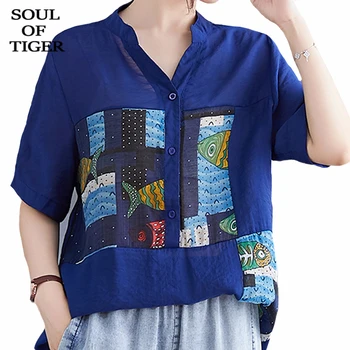 

SOUL OF TIGER Summer 2020 Chinese Designer Ladies Vintage Blouses Womens Casual Printed Shirts Female Linen Loose Tops Plus Size