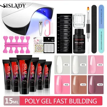 

SISLADY Nail Extension Set With UV LED Lamp Dryer Acrylic Poly Gel Quick Builder Nail Polish Kit Manicure Brush Tools