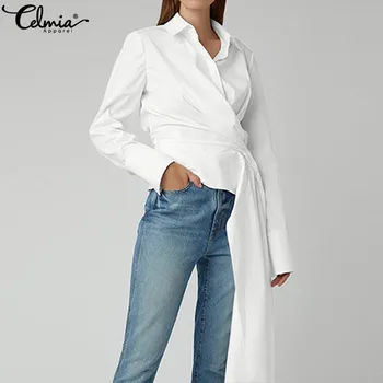 

2020 Autumn Women Solid Shirts Fashion Elegant Blouse Belted Long Sleeve Asymmetrical Tops Casual Lapel Pleated OL Style Blusas