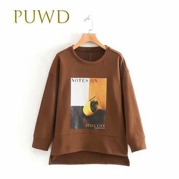 

PUWD 2019 Artistic Sense of New Autumn Women's Wear Colour Printed Round-neck Guard Clothes Brown