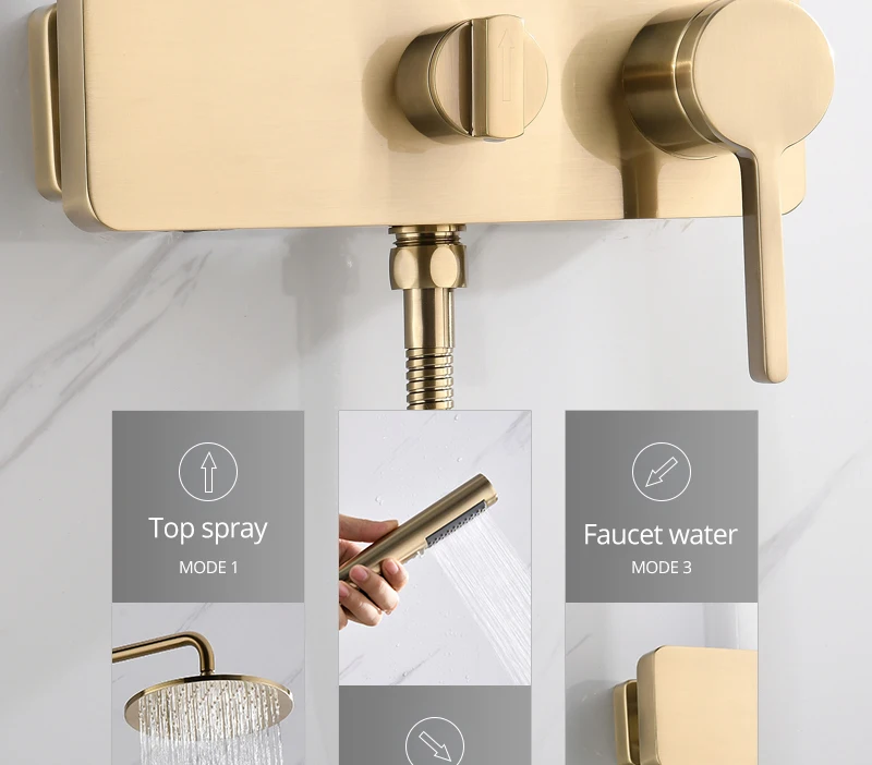 Brushed Gold Shower System  10 Shower Faucet Set Bathroom Rain Shower head and 3-Setting Handheld Shower Head Set (10)