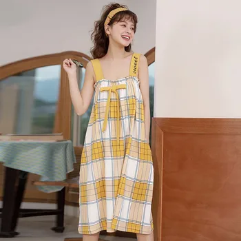 

O 2020 New Sling Plaid Ladies Nightdress Cute Sweet Print Girls Nightdress