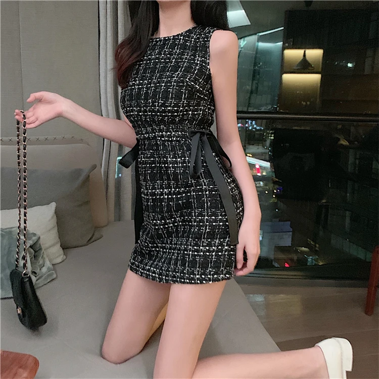 Robe,robe en Tweed ?� lacets pour femmes,sans manches,col rond,Plaid,classique,?�l?�gante 