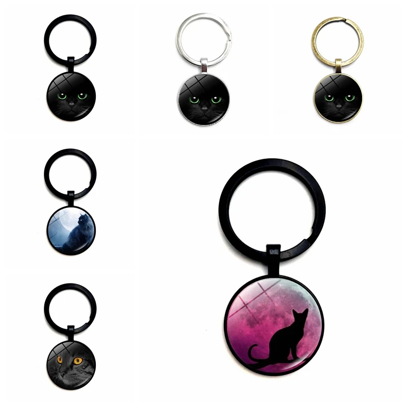 

2020 New 3 Color Keychain Glass Cabochon Moonlight Cute Cat Art Key Ring Gift Jewelry