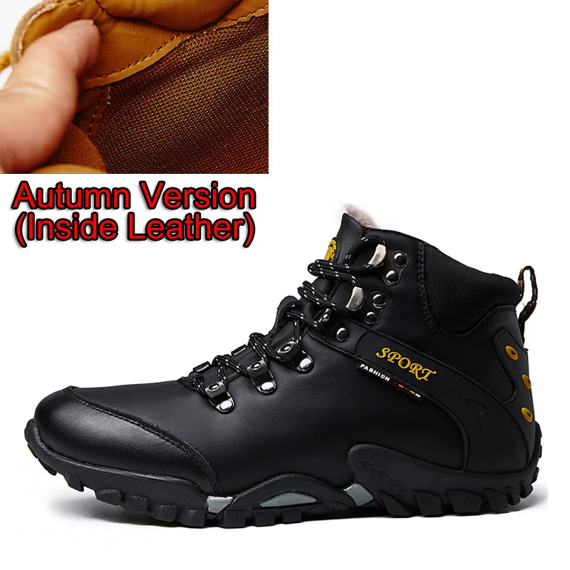Брендовые мужские треккинговые ботинки водонепроницаемые Тактические Сапоги уличные альпинистские кроссовки зимние теплые треккинговые ботинки высокие бархатные - Цвет: Leather Black