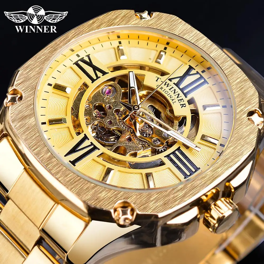 

Winner Golden Automatic Mechanical Male Wristwatch Square Royal Roman Hollow Dial Stainless Steel Strap Men Business Watch Clock