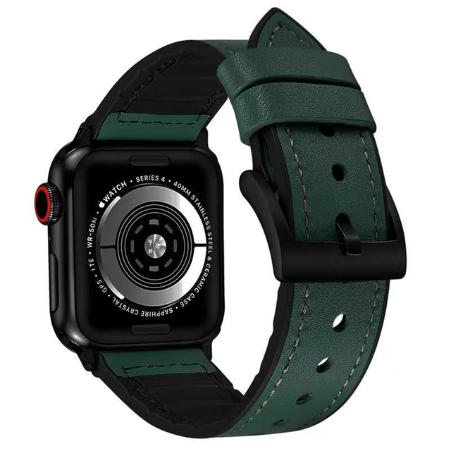 Apple Watch Band 45mm 44mm 42mm Sweatproof Genuine Leather + Rubber Hybrid Band iWatch 7 6 5 4 3 SE strap 41mm 40mm 38mm