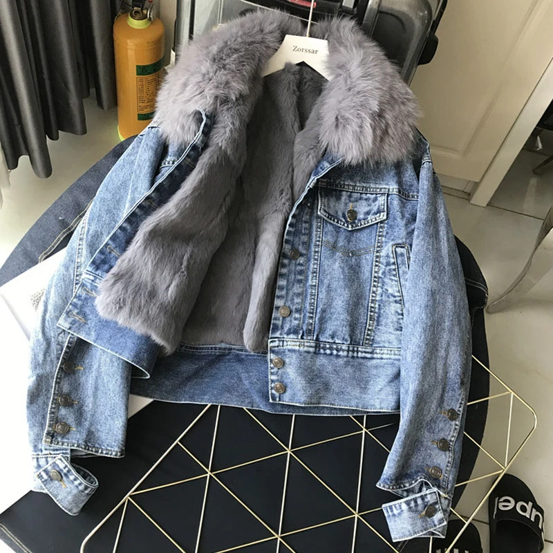 

Real Fur Parkas For Women Demin Jacket Winter Short Tops Parka Natural Fox Fur Collar New Genuine Fur Coats Thick Warm coat HH23