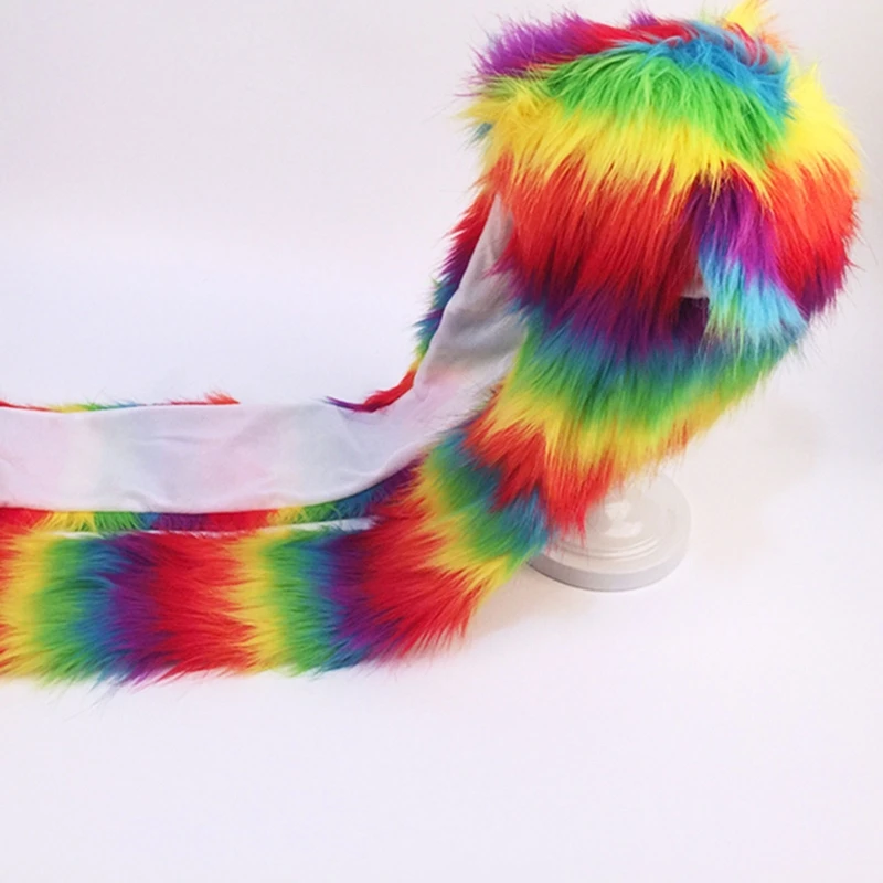 Women rainbow stripes furry animal hoodie hat 3 in 1 multifunctional winter hat,fashion hat,fur hat,earflap hat,faux fur hat