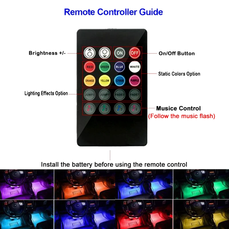 Car Interior Atmosphere LED RGB Strip Light Dash Floor Foot RGB LED Strip Decorative Light Music sound Control Multiple lighting Car Interior Atmosphere LED RGB Strip Light Dash Floor Foot RGB LED Strip Decorative Light Music sound Control Multiple lighting