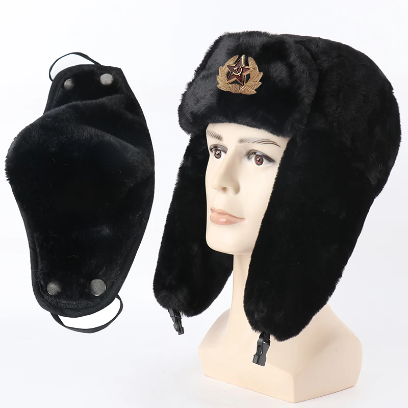 Winter Hat Fashion Hat Fur Hat Earflap Hat Faux Fur Hat CAMOLAND Winter Thermal Faux Rabbit Fur Bomber Hats Women Men Soviet Army Military Badge Russia Face Neck Earflap Snow
