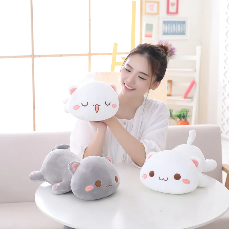 Kawaii Cat Plush Toy Stuffed 35cm 50cm 65cm Lying Cat Pillow White Grey Kids Toys Birthday Gift for Children 1pc 55 65cm cartoon vegetable plush toy creative broccoli plush pillow children soft stuffed toys children birthday gift wj126