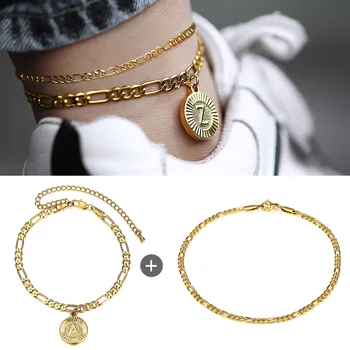 

2Pcs/Set Initial Letter Charm Figaro Anklet Stainless Steel Link Chain Anklets for Women Girl Foot Bracelet Fashion Accessories