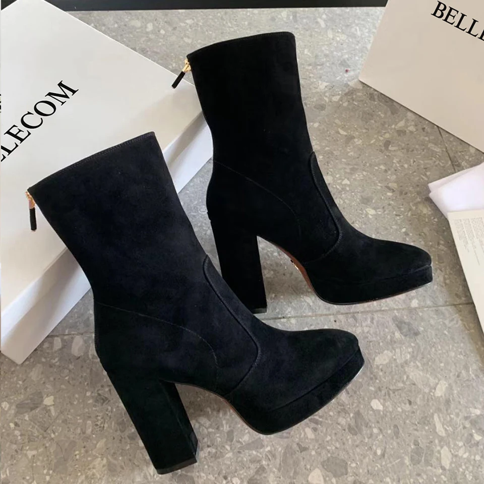 

BELLECOM 2019 Autumn and Winter New High-heeled Mid-cylinder Boots Thick-heeled and Thick-soled Martin Boots Bare Boots