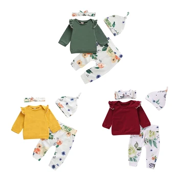 

4PCS Set Newborn Baby Girls Clothing Set Tracksuit Solid Long-sleeved Blouse Tops Floral Pants Headband Hat Outfits Clothes Set