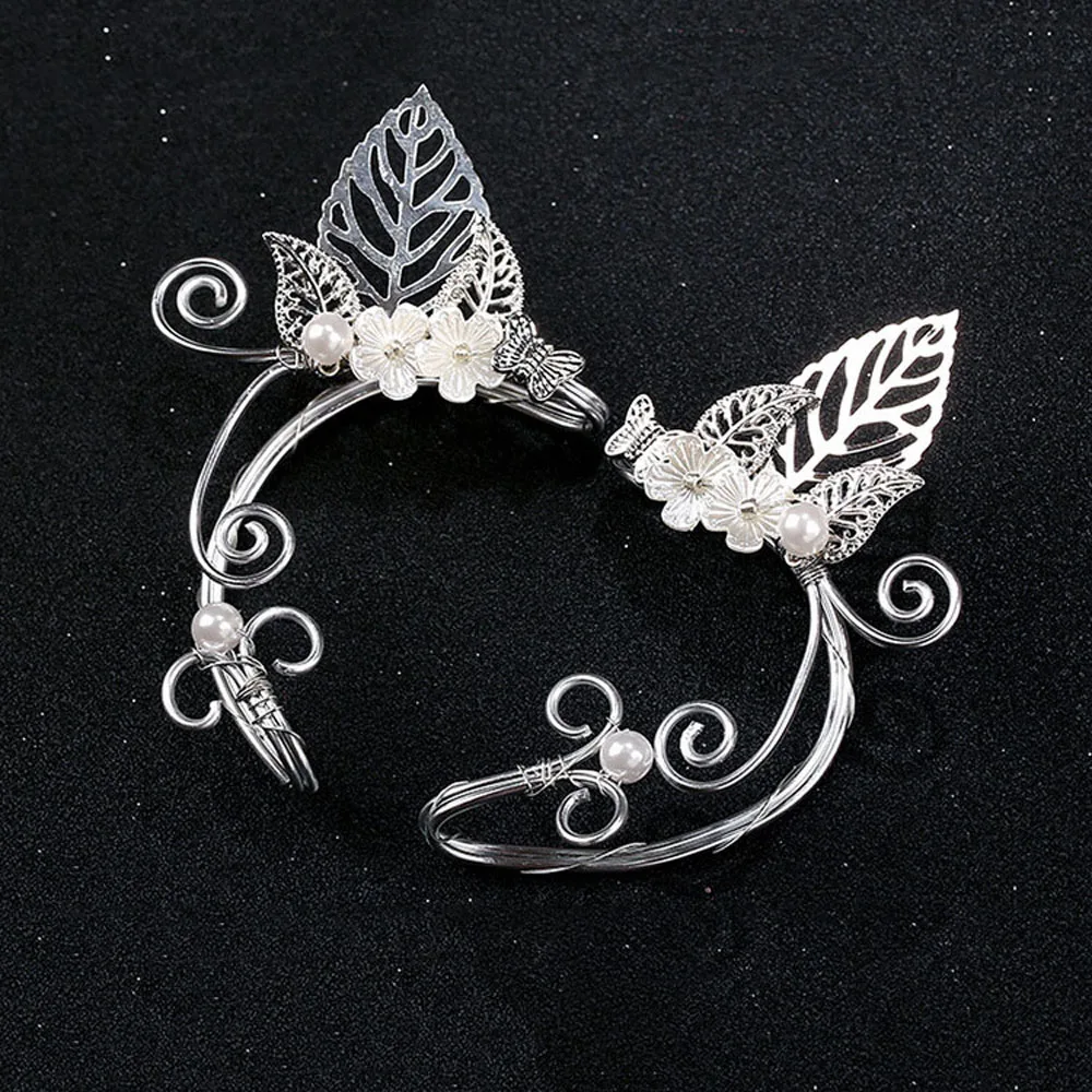 Chic Elf Pearl Hollowed Flower Leaf Cosplay Fairy Ear Wrap Cuffs Earrings for Women Girls Wedding Jewelry Halloween jewelry | Украшения и