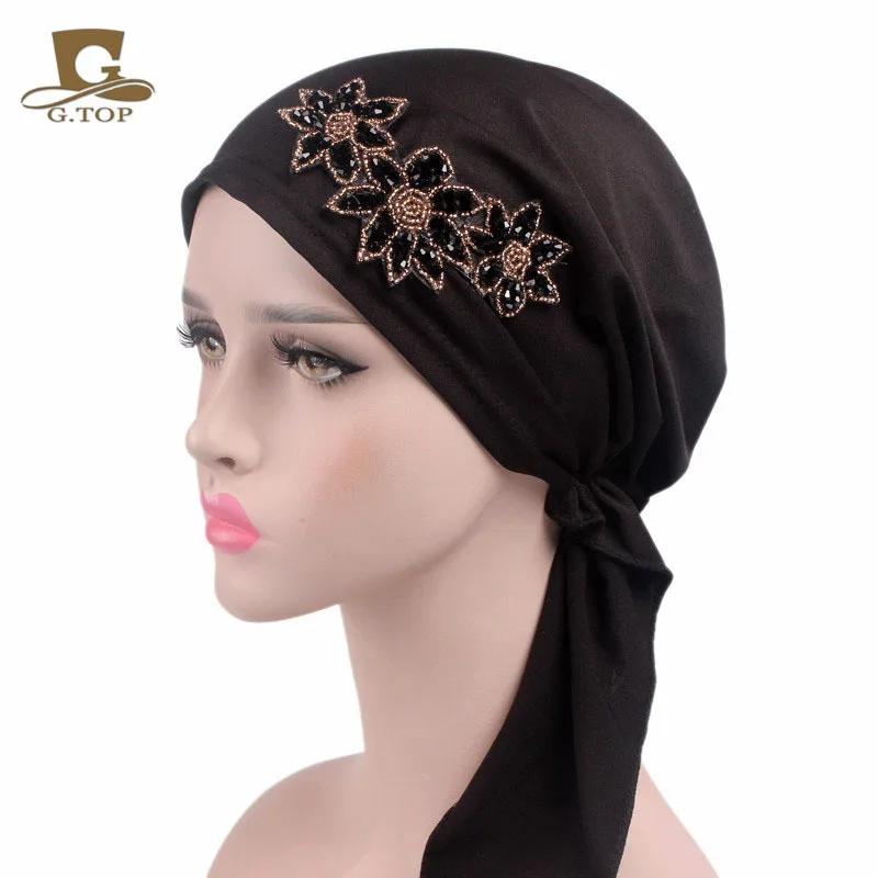 

New Style Women's Fashion Turban Hat Stretch Fabric Toque Chemotherapy Cap Beaded Flower Accessories TJM-04B