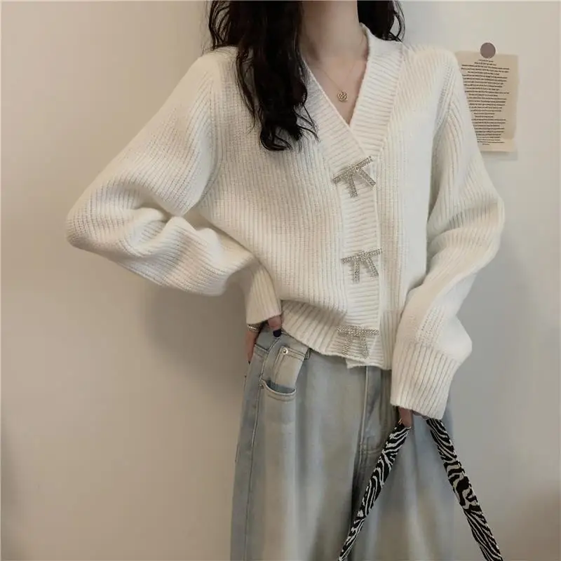

Women's Knitted Cardigan sweet Bow Button V Neck Solid Color Long Sleeves Loose Tops Wholesale 2021 New Elegant Female Clothing