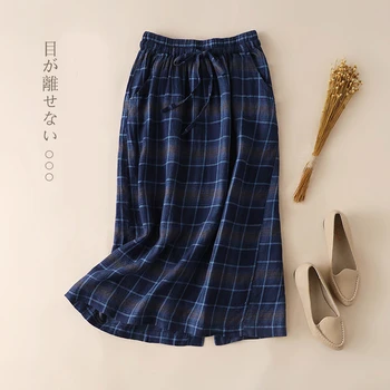 

Girls Lady Fashion Vintage Linen Cotton Skirts Casual Plaid Long Skirts A Linen Elastic loose Cotton Mori Girl Kawaii Skirts