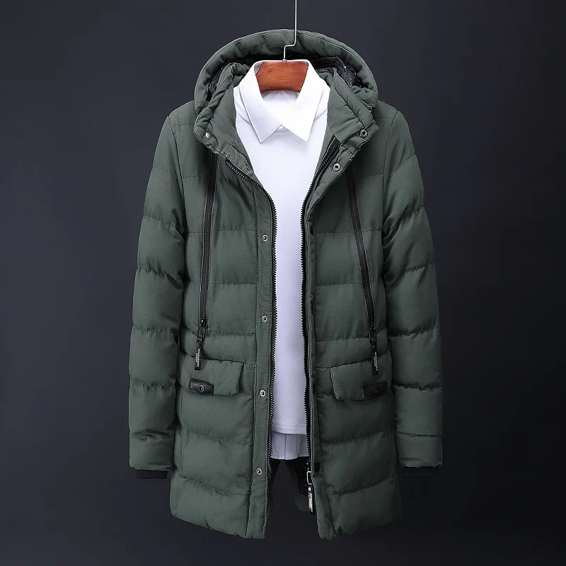 Army green Мужские парки, Осень-зима, Мужская модная длинная стеганая куртка, пальто, мужская повседневная утолщенная теплая верхняя одежда с капюшоном, мужская одежда - Цвет: Army green