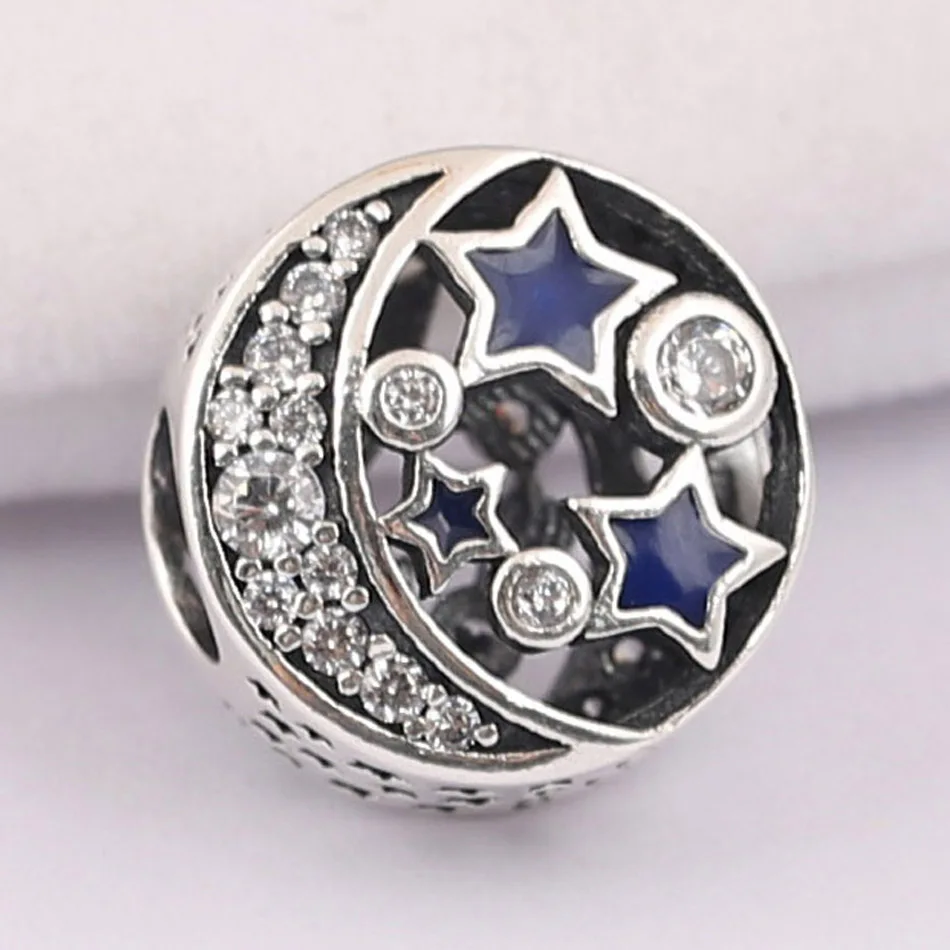 

Authentic S925 Silver Bead DIY Jewelry Vintage Night Sky Charms fit Pandora Bracelet Bangle Shimmering Midnight Blue Enamel