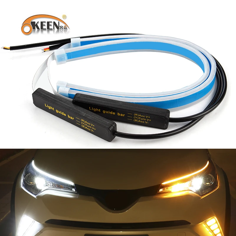 OKEEN 2x Ultrafine Cars DRL LED Daytime Running Lights White Turn Signal Yellow Guide Strip for Headlight Assembly Drop Shipping