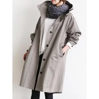 

Autumn Winter Women Trench Coat 2019 New Solid Color Casual Coat Japan Korean Hooded Collar Loose Plus Size Simple Women Coats
