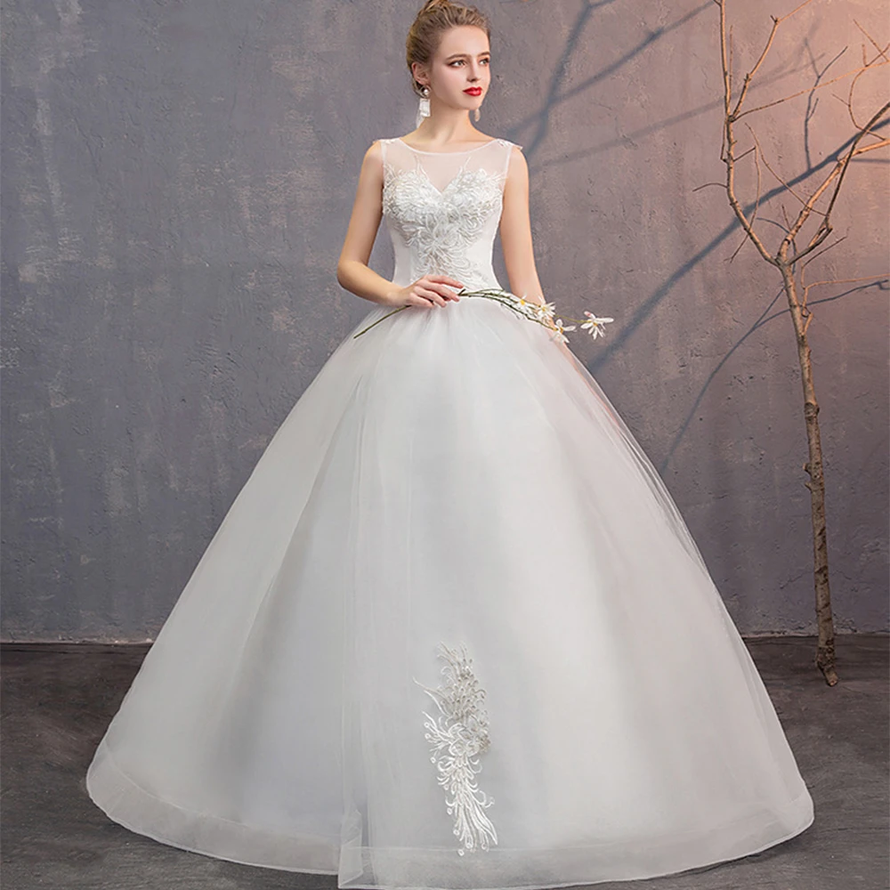 

Elegant Cheap Wedding Dresses O-Neck Sleeveless Ball Gown Lace Embroidery Tulle Illusion Bride Gowns Vestido De Noiva 2019