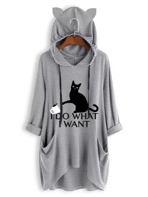 Women's Printed Cat Ear Plus S-5XL Hooded Autumn Long Roll Up Sleeve Pocket Hoodies Irregular Tops Feminine Oversize Sweatshir - Цвет: Серый