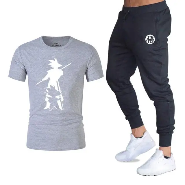 light grey Мужской спортивный комплект, хлопковая спортивная одежда с принтом, Мужская футболка, летняя брендовая спортивная одежда - Цвет: light grey