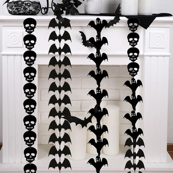 

12pcs/string Halloween Decoration Non-woven Bat Skull Ghost String Black Hanging Ornament Scary Horror Halloween Garland Decor