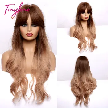 

TINY LANA Synthetic Long Wavy Ombre brown Wigs With Mid-point bangs applicable For Women Party&Cosplay Heat Resistant American