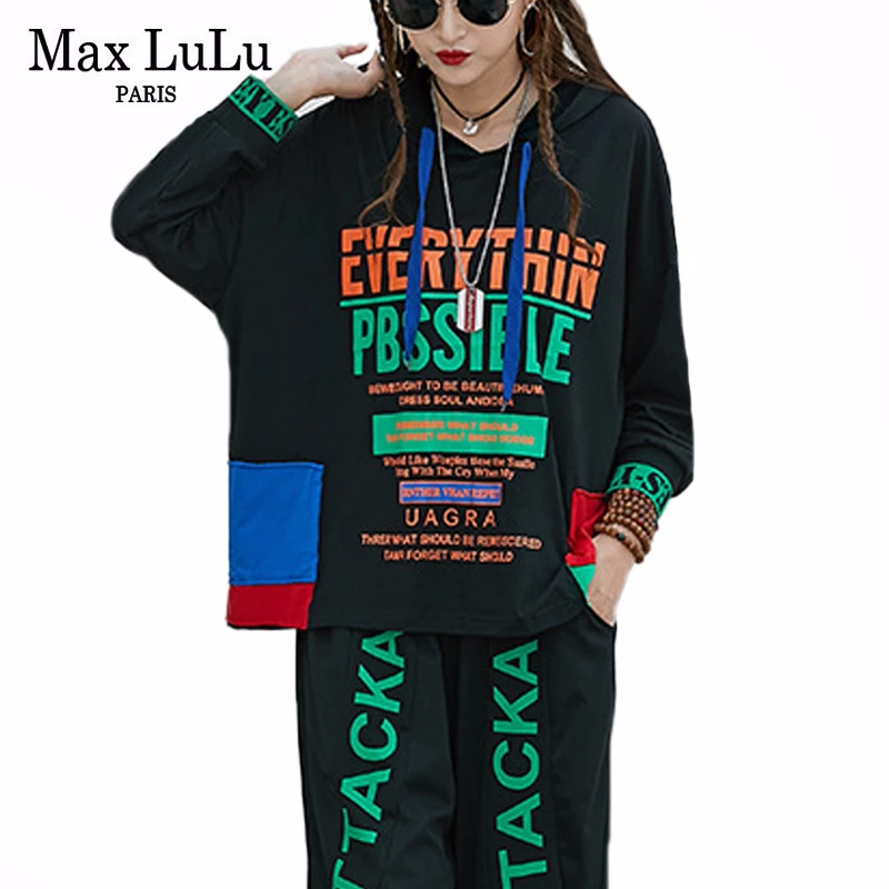 

Max LuLu Korean Brand Clothes Ladies Hooded Tops Harem Pants Women Printed Tracksuits Patchwork Two Pieces Set Casual Streetwear
