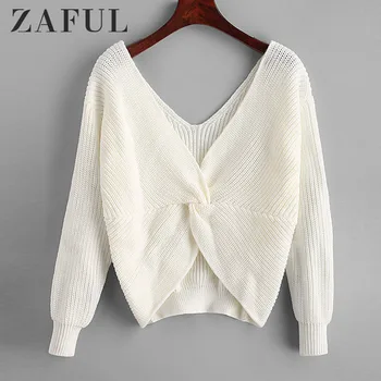 

ZAFUL Autumn Twisted Uneven Hem Low Cut Sweater For Women Drop Shoulder Solid Color Ladies Tops Plunging Neck Pullovers Sweaters