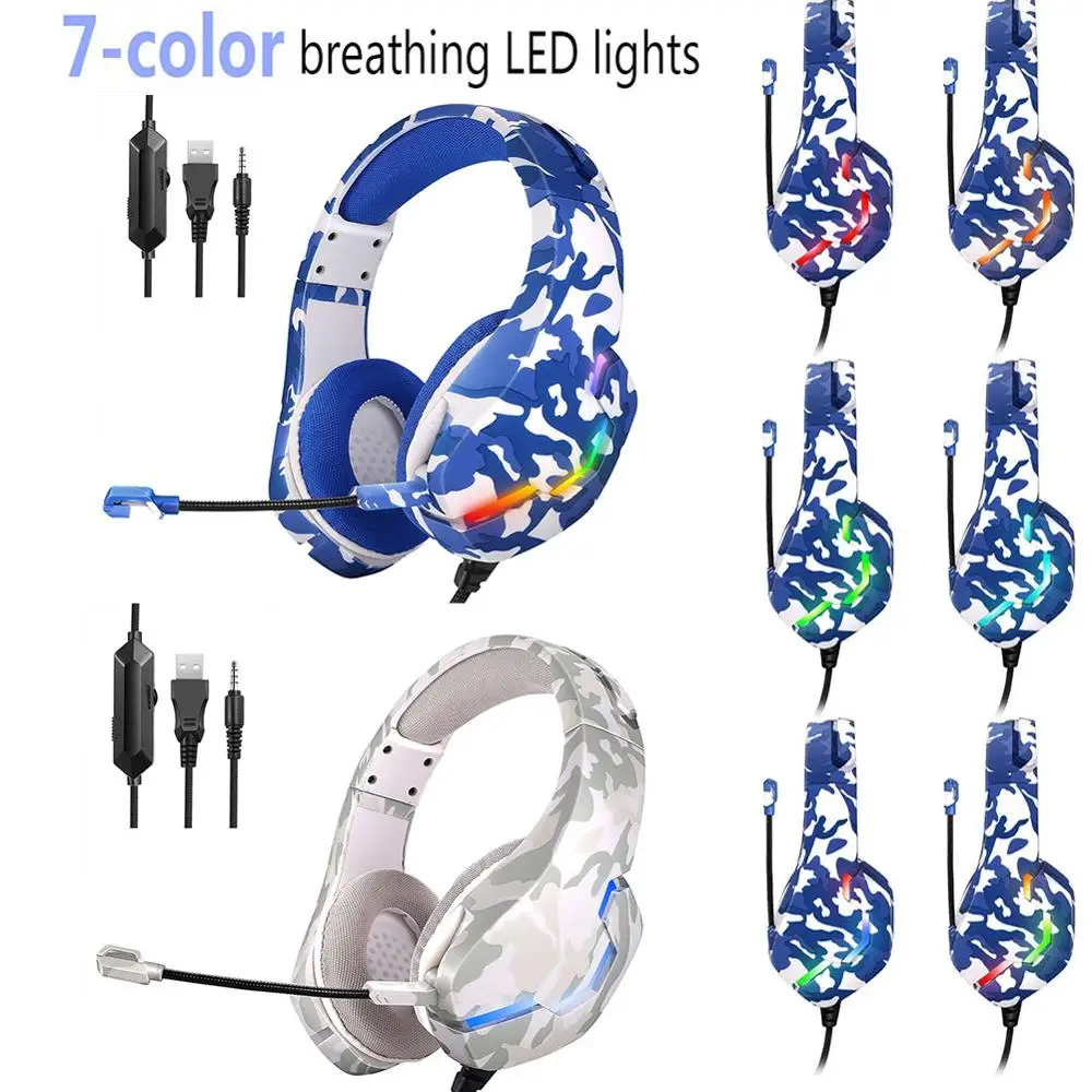J10 3 5mm USB Camouflage Stereo Gaming Headphone RGB Lighting Wired Over Ear Headset Ergonomic Line Control Earphone with Mic