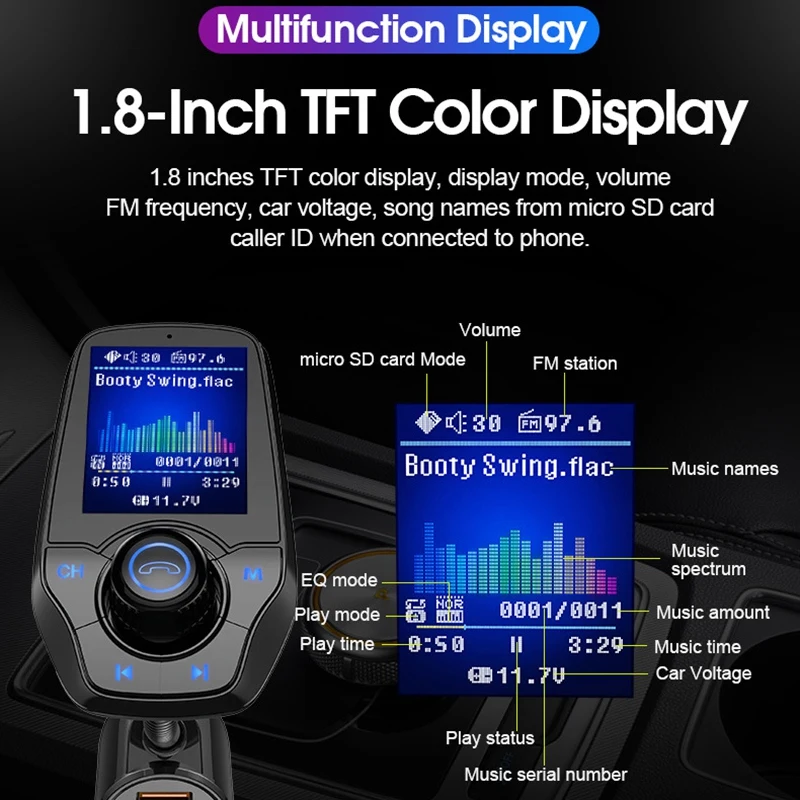 T26D 1,8 дюймовый Tft цветной дисплей Qc3.0 Быстрая зарядка Bluetooth Hands-Free автомобильный Mp3 музыкальный плеер комплект