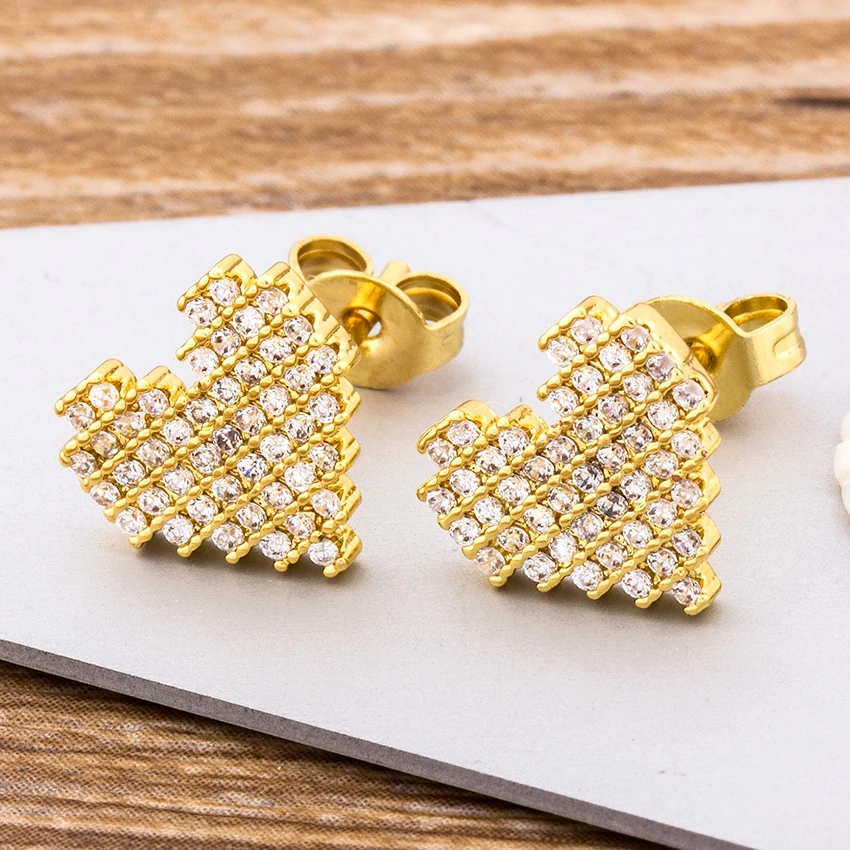 Hot Sale Trendy Copper Zirconia Heart Earrings Gold Stud CZ Crystal Jewelry for Women Love Wedding Party Birthday Romantic Gift
