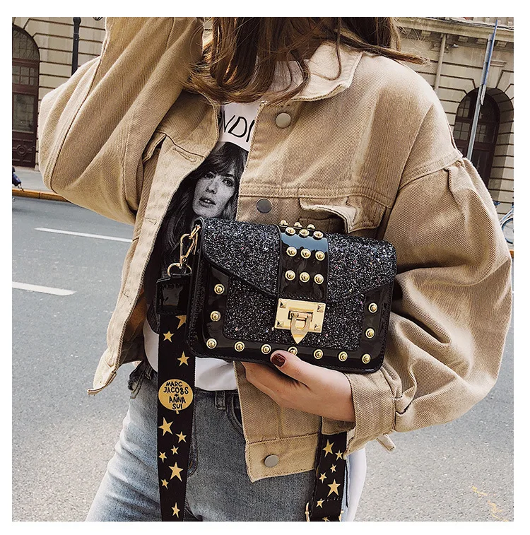 

Bag girl 2020 new fashion paint leather women's bag rivets sequin small square bag lock wide shoulder strap one shoulder slant b