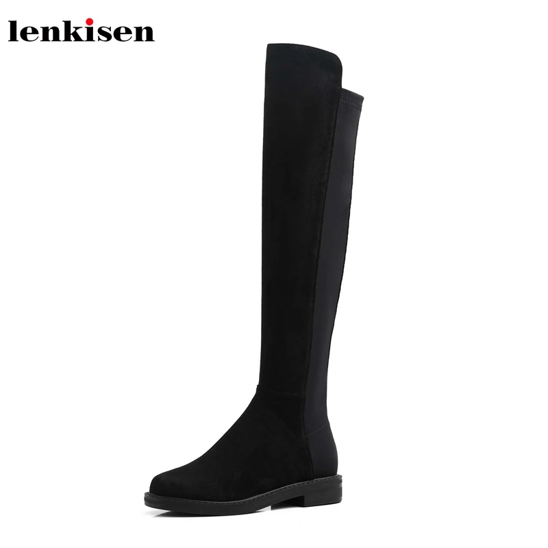 Lenkisen/корейские эластичные сапоги из флока на среднем каблуке, с круглым носком, на молнии сбоку, черного цвета, модные зимние теплые красивые женские сапоги до бедра, L26