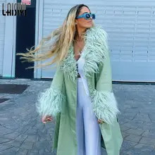 Fur Patchwork Solid Leather Jacket PU Long Coats Fashion Autumn Belted Lace Up Long Sleeves Jackets 2022 Casual Spring Outwear