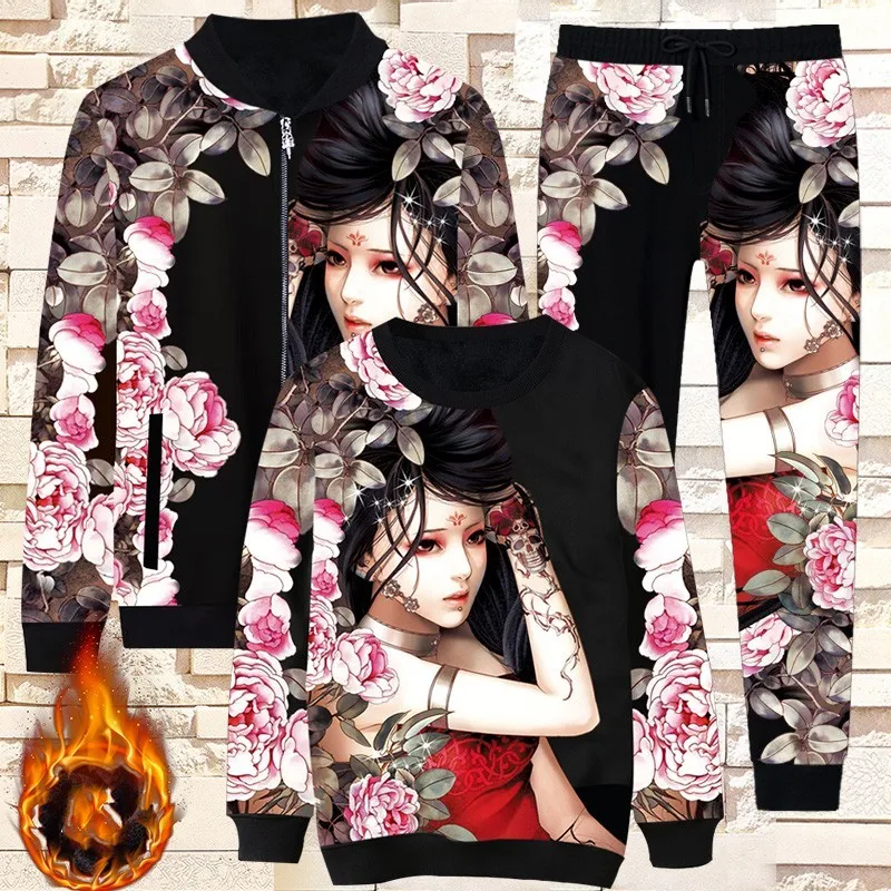 pink 3pcs fleece Высокая улица мужские повседневные спортивные 3 шт наряды с длинным рукавом o-образным вырезом свитшоты шнурок талии полной длины брюки размера плюс M-5XL - Цвет: pink 3pcs fleece