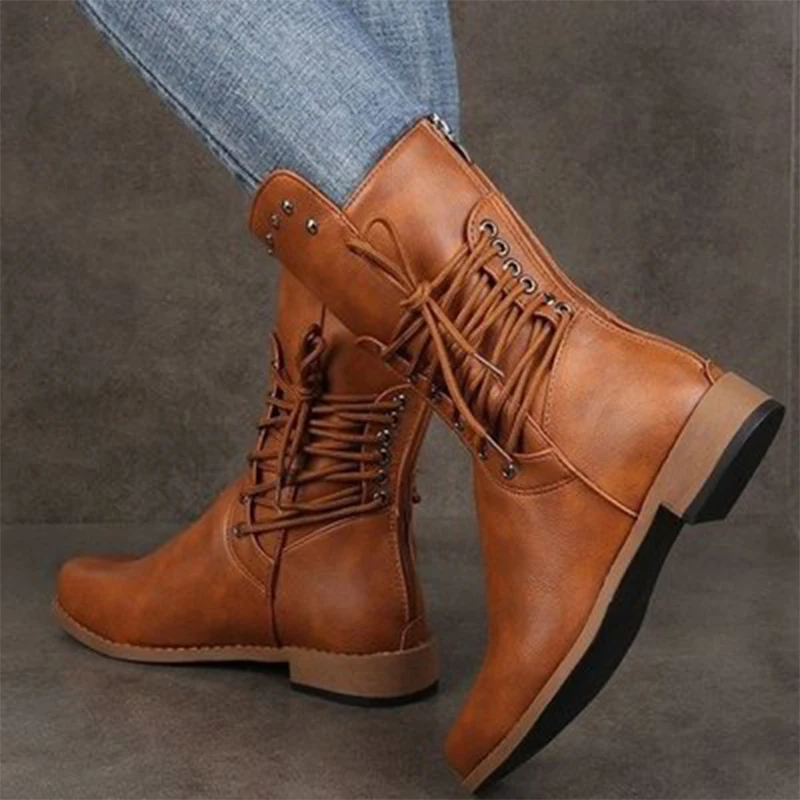 Woman Mid Calf Boots Women Lace Up Rivet Low Heels Female Zip Footwear Ladies Leather Short Women's Shoes Plus Size 43 | Обувь