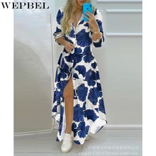 WEPBEL Printed Slim Dress Women's Casual Single-Breasted Dress Summer Fashion Long Sleeve V-neck Split Irregular Shirt Dress
