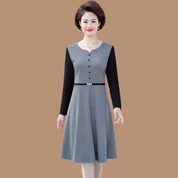 

Spring Middle-aged Retro Ladies Dress Long-Sleeved Casual Female Vestidos Plus Size Spring Autumn Bottoming Fashion Dress L20